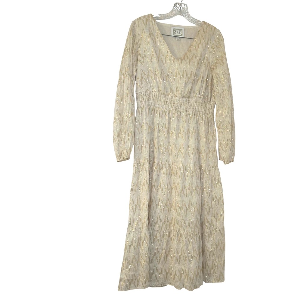 Sail to Sable Gold Metallic Chevron Smocked Midi Dress Cream V-Neck Small